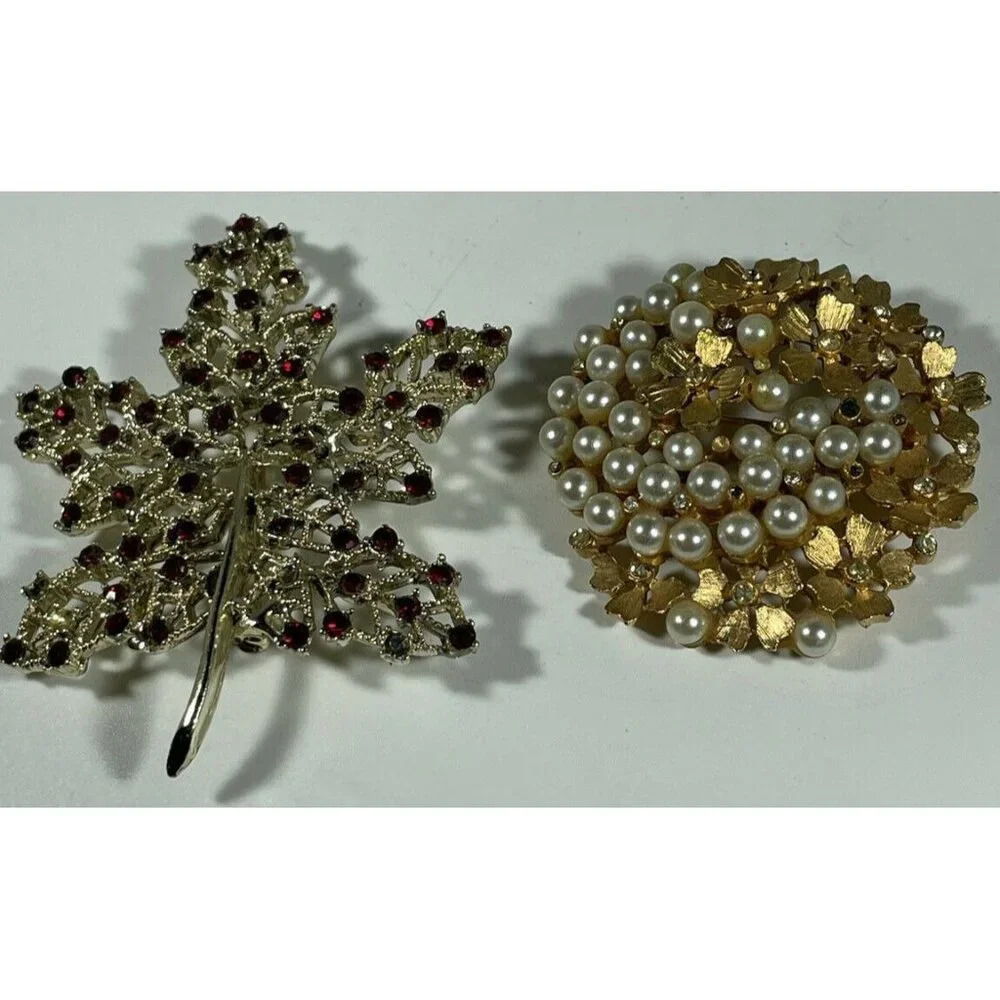 Gold Tone Pins Brooches Floral Leaf Swirl‎ Red Rhinestone Faux Pearls Lot Of 3